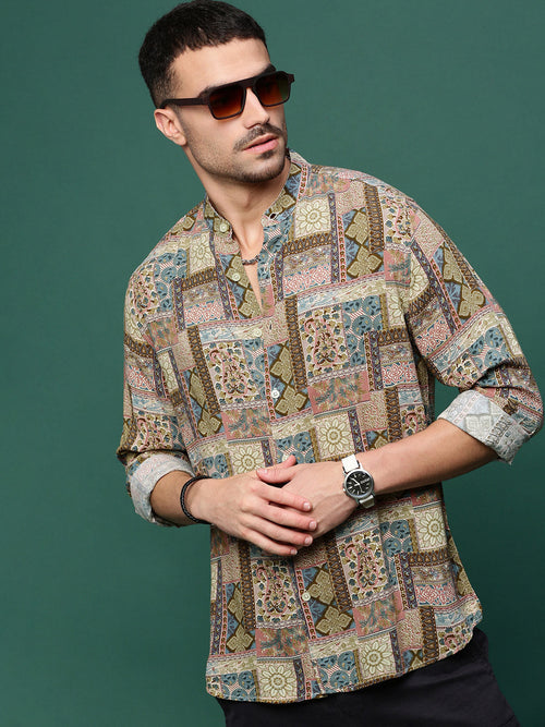 Men Brown Graphic Slim Fit Shirt-Esau-3204-Brown