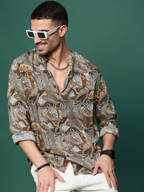 Men Olive Floral Slim Fit Shirt-Esau-3206-Olive