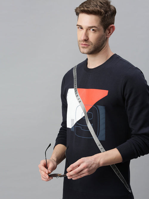 Men Printed Navy Blue Sweatshirt-FC1617-Navy