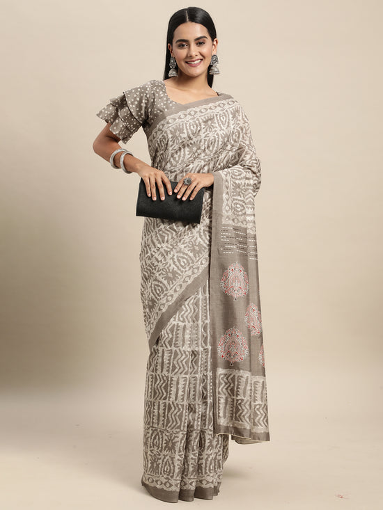 Saree Mall Women's Bhagalpuri  Grey Printed Celebrity Saree With Blouse Piece-17WOM17910