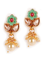 Gold Plated & White Stone Studded Green Enameled Handcrafted Jewellery Set