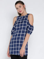 Blue And White Check Cold Shoulder Long