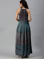 Women Halter Neck Printed Teal Anarkali Kurta-FS2209-Teal