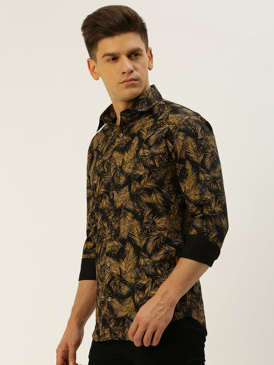 Men Spread Collar Printed Black Shirt-FliorioniePrint-3515-Black