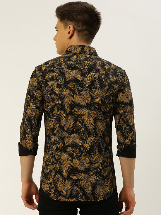 Men Spread Collar Printed Black Shirt-FliorioniePrint-3515-Black