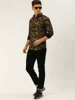 Men Spread Collar Printed Black Shirt-FliorioniePrint-3515-Black