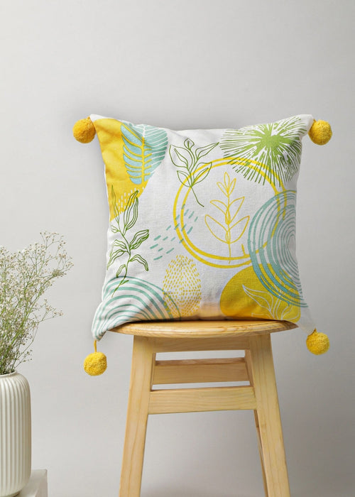 Free Spirit 100% cotton abstract cushion cover for sofa with yellow pom pom - Yellow-230454032