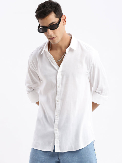 Men Spread Collar Solid Slim Fit White Shirt-Frida-2704-White