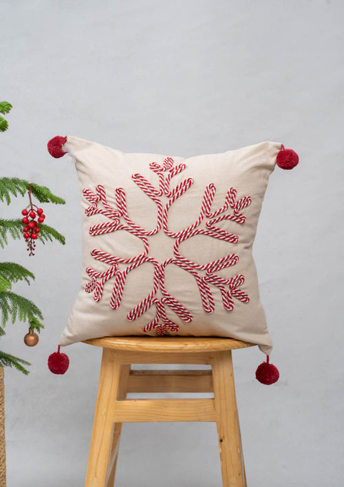 Frost Cushion 100% cotton thread embroidered cushion cover for sofa with red pom pom - Beige-231254171