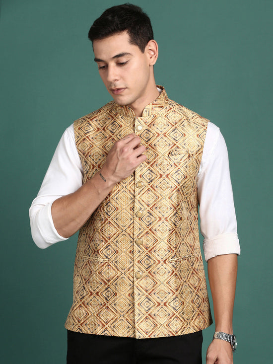 Men Embroidered Mustard Slim Fit Nehru Jacket-GE-1611-Mustard