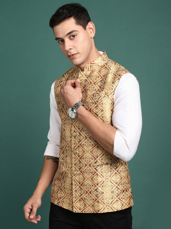 Men Embroidered Mustard Slim Fit Nehru Jacket-GE-1611-Mustard