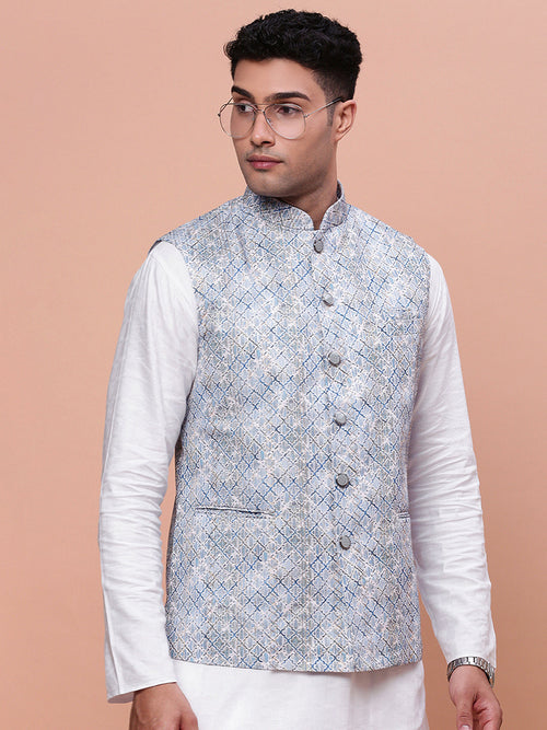 Men Embellished Blue Slim Fit Nehru Jacket-GE-3011-4-Blue