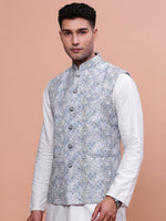 Men Embellished Blue Slim Fit Nehru Jacket-GE-3011-4-Blue