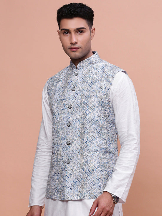 Men Embellished Blue Slim Fit Nehru Jacket-GE-3011-4-Blue