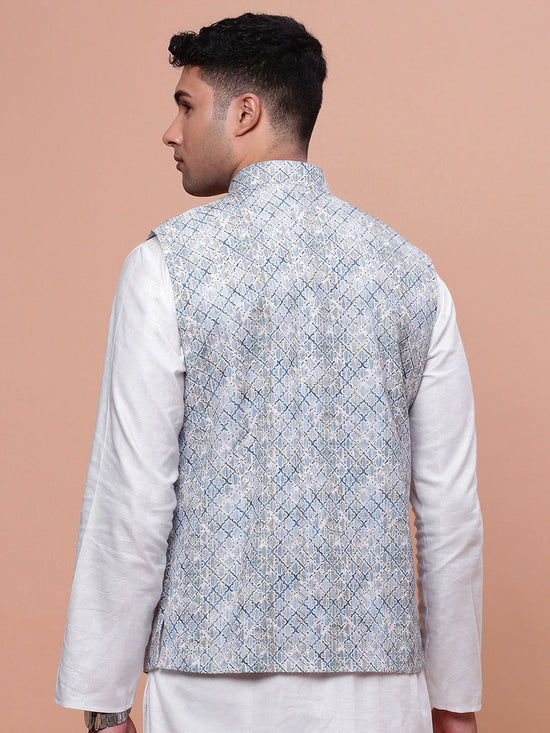 Men Embellished Blue Slim Fit Nehru Jacket-GE-3011-4-Blue