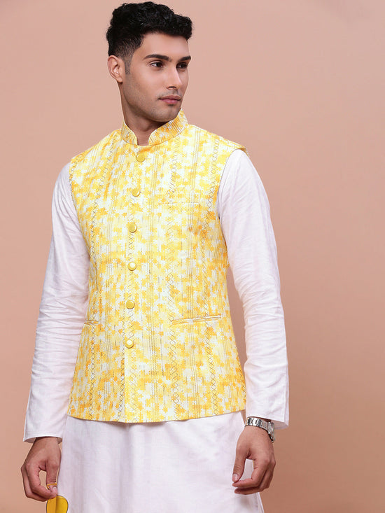 Men Embellished Yellow Slim Fit Nehru Jacket-GE-3011-5-Yellow