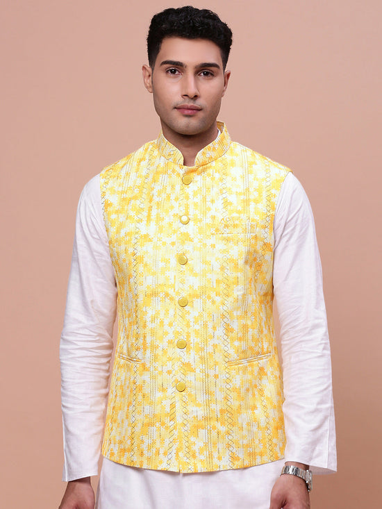 Men Embellished Yellow Slim Fit Nehru Jacket-GE-3011-5-Yellow