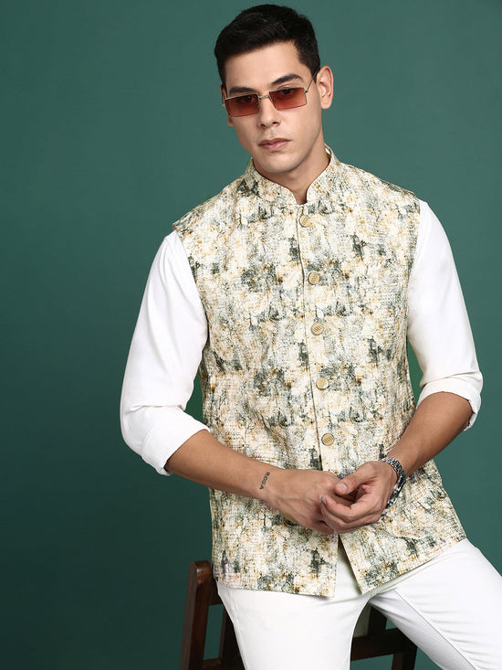 Men Embroidered Cream Slim Fit Nehru Jacket-GE-3412-1-Cream