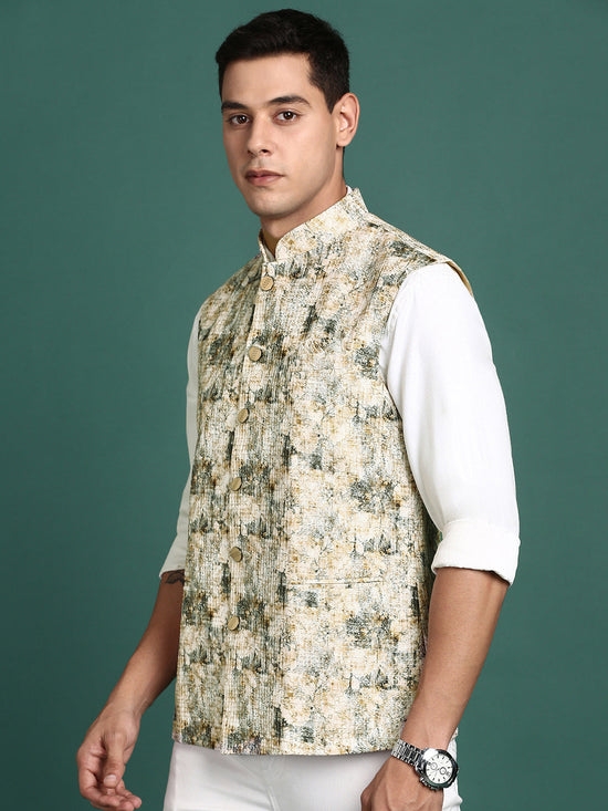 Men Embroidered Cream Slim Fit Nehru Jacket-GE-3412-1-Cream