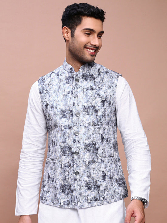 Men Embroidered Grey Slim Fit Nehru Jacket-GE-3412-2-Grey