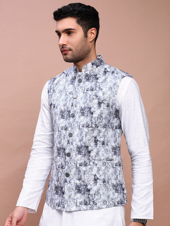 Men Embroidered Grey Slim Fit Nehru Jacket-GE-3412-2-Grey