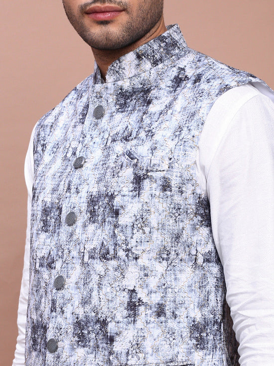 Men Embroidered Grey Slim Fit Nehru Jacket-GE-3412-2-Grey