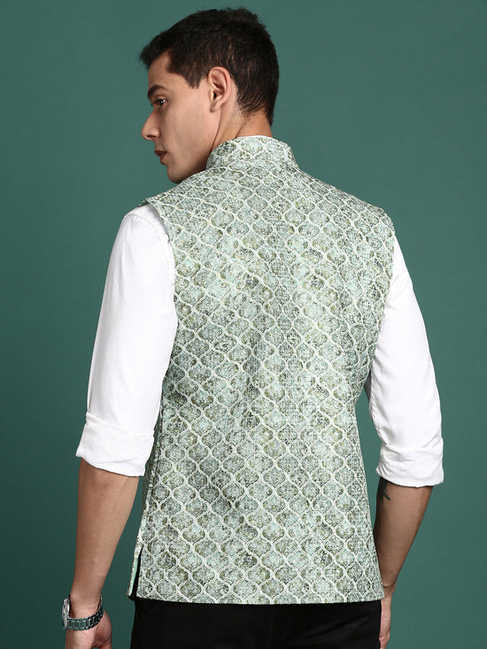 Men Embroidered Green Slim Fit Nehru Jacket-GE-4105-2-Green