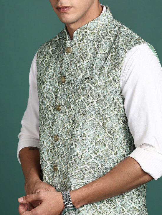 Men Embroidered Green Slim Fit Nehru Jacket-GE-4105-2-Green