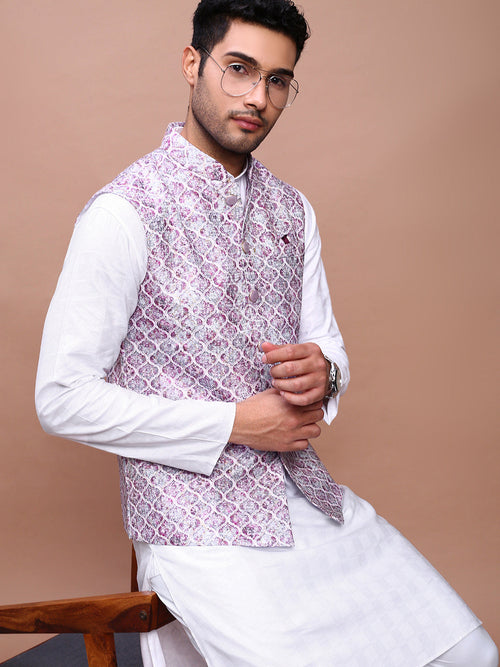 Men Embroidered Purple Slim Fit Nehru Jacket-GE-4105-4-Purple