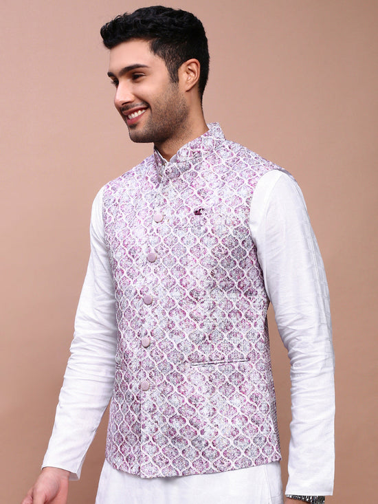 Men Embroidered Purple Slim Fit Nehru Jacket-GE-4105-4-Purple