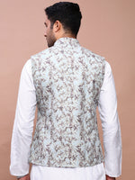 Men Embroidered Sea Green Slim Fit Nehru Jacket-GE-5144-3-Seagreen