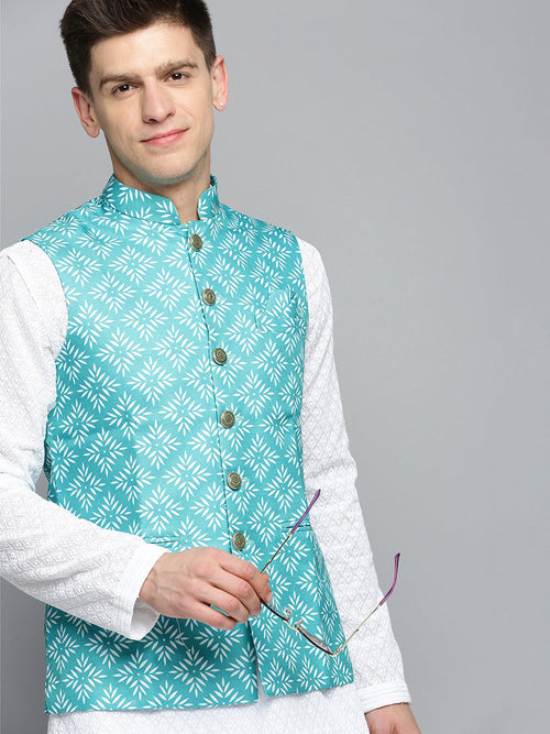 Men Mandarin Collar Printed Green Nehru Jacket-GEW-PR-253-Green