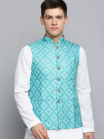 Men Mandarin Collar Printed Green Nehru Jacket-GEW-PR-253-Green