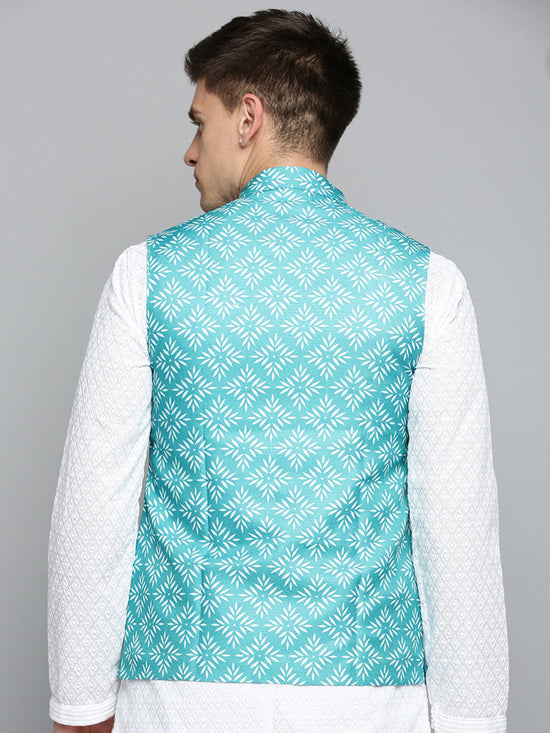 Men Mandarin Collar Printed Green Nehru Jacket-GEW-PR-253-Green