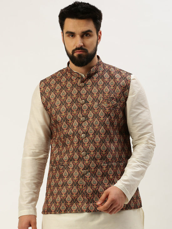 Men Mandarin Collar Printed Multi Nehru Jacket-GEW-PR-262-Multi