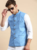 Men Mandarin Collar Printed Blue Nehru Jacket-GEW-PR-265-Blue