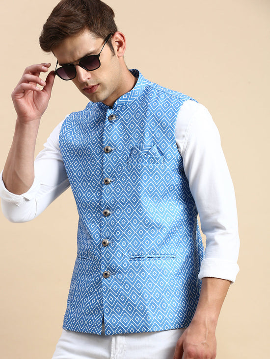 Men Mandarin Collar Printed Blue Nehru Jacket-GEW-PR-265-Blue