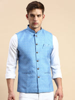 Men Mandarin Collar Printed Blue Nehru Jacket-GEW-PR-265-Blue