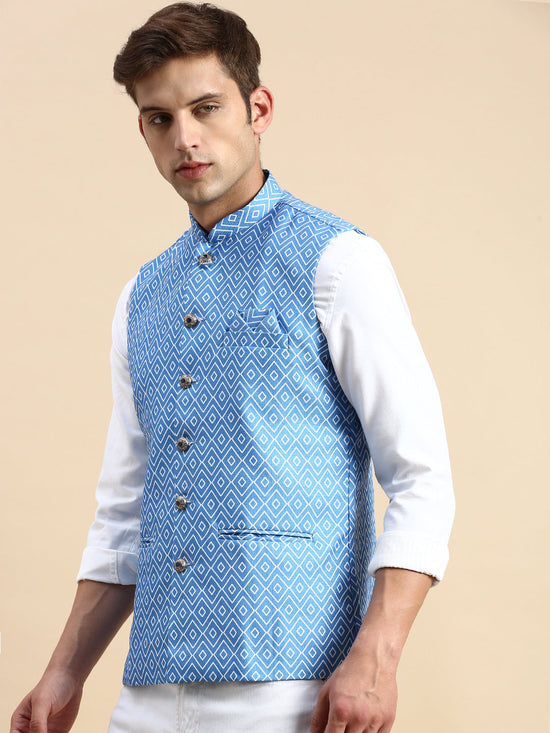 Men Mandarin Collar Printed Blue Nehru Jacket-GEW-PR-265-Blue