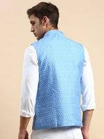 Men Mandarin Collar Printed Blue Nehru Jacket-GEW-PR-265-Blue