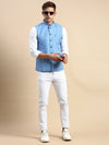 Men Mandarin Collar Printed Blue Nehru Jacket-GEW-PR-265-Blue