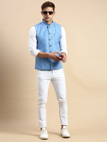 Men Mandarin Collar Printed Blue Nehru Jacket-GEW-PR-265-Blue