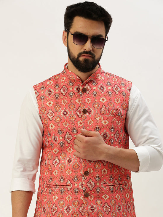 Men Mandarin Collar Printed Coral Nehru Jacket-GEW-PR-266-Coral