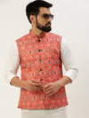 Men Mandarin Collar Printed Coral Nehru Jacket-GEW-PR-266-Coral