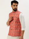 Men Mandarin Collar Printed Coral Nehru Jacket-GEW-PR-266-Coral