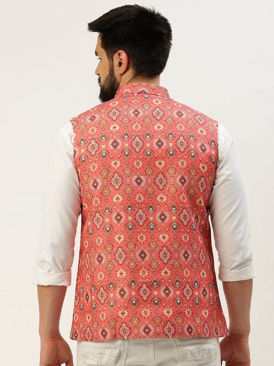 Men Mandarin Collar Printed Coral Nehru Jacket-GEW-PR-266-Coral