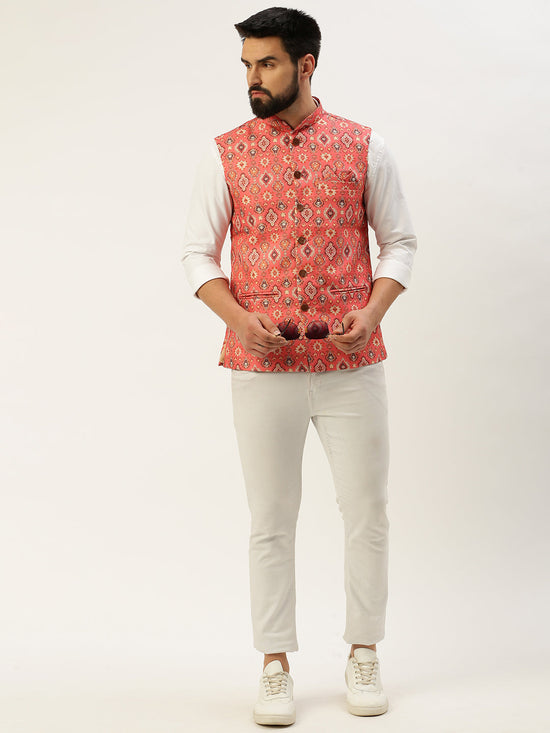 Men Mandarin Collar Printed Coral Nehru Jacket-GEW-PR-266-Coral