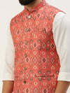 Men Mandarin Collar Printed Coral Nehru Jacket-GEW-PR-266-Coral