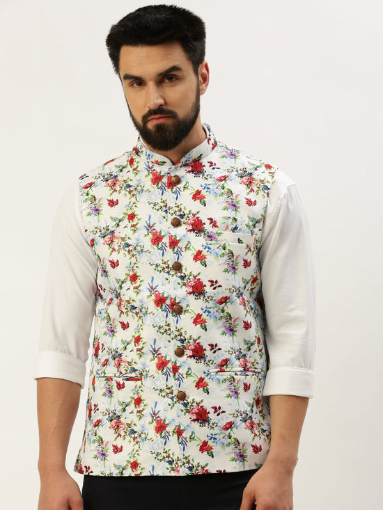 Men Mandarin Collar Printed Multi Nehru Jacket-GEW-PR-268-Multi