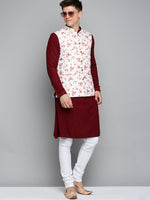 Men Mandarin Collar Printed White Nehru Jacket-GEW-PR-274-White